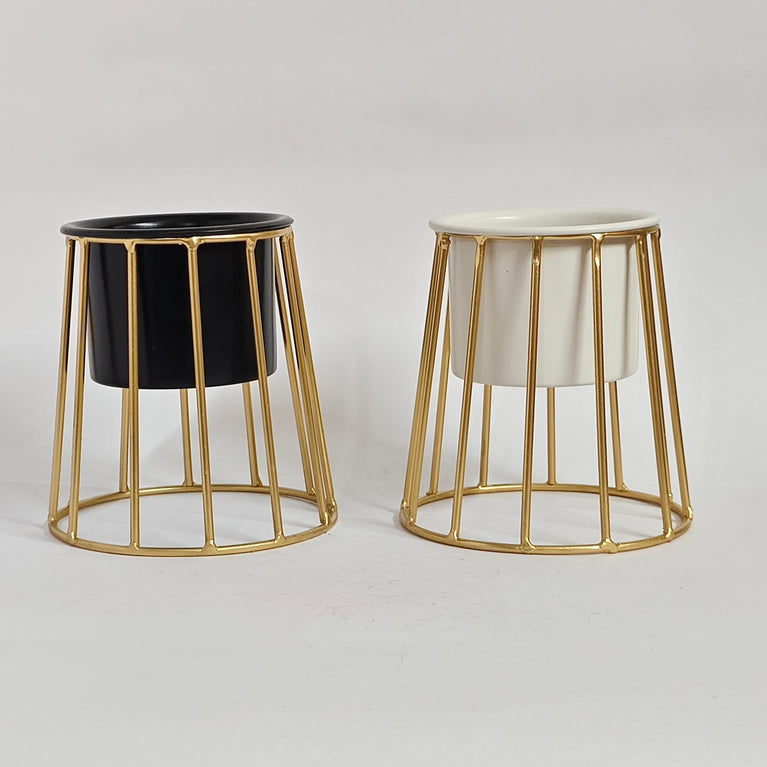 Planter with Gold Metal Stand (Black | White) | Small Metal Stands for Table Top Decor | Plant Stands | Gardening | Planter