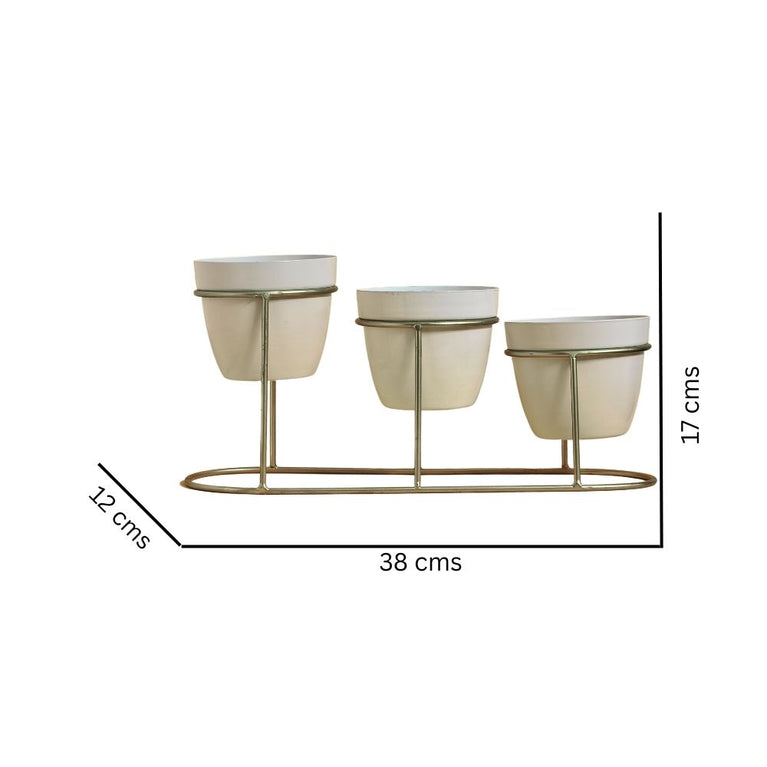Tabletop 3 Tier White Tuscan Style Metal Planter Flower Pot with Golden Step Stand| Planter Indoor Office Garden Balcony Living Room Outdoor Plants Set of 3 POTS (White) | Gardening | Planters