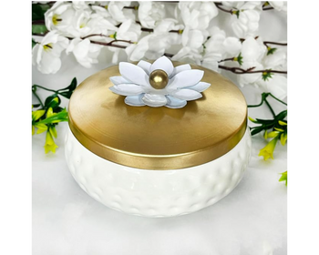 Metal Dry Fruit Box White jar with golden lid