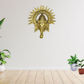 Golden Lord Ganesha with Sun Decorative Metal Decorative Showpiece | Wall Decor | Brass | Metal Handicrafts