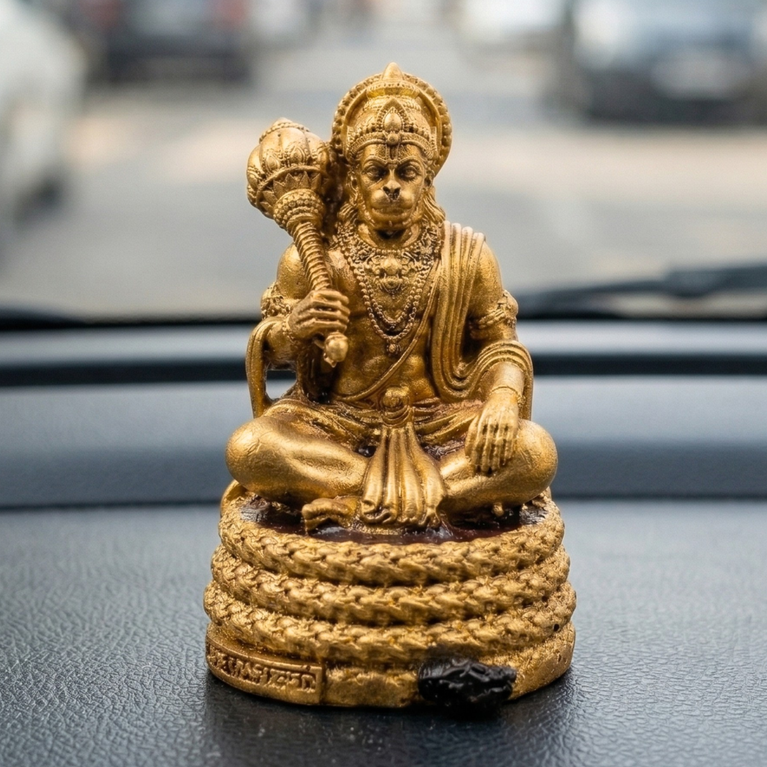 Virajman Hanuman Idol Sitting on Tail | Hanuman Murti for Car Dashboard, Home Temple & Office Decor, Housewarming, Vastu | 3.8 Inches (Antique Gold)