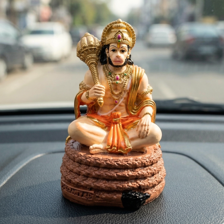 Virajman Hanuman Idol Sitting on Tail | Hanuman Murti for Car Dashboard, Home Temple & Office Decor, Housewarming, Vastu | 3.8 Inches (Antique Gold)