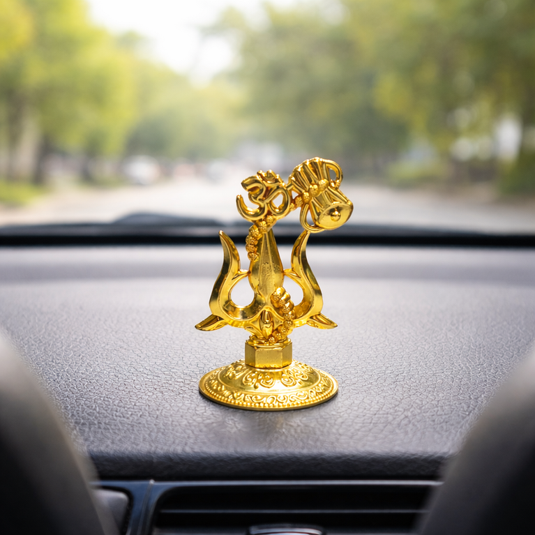 Premium Metal Shiv Trishul with Damroo, Copper, 3 Inches for Car Dashboard