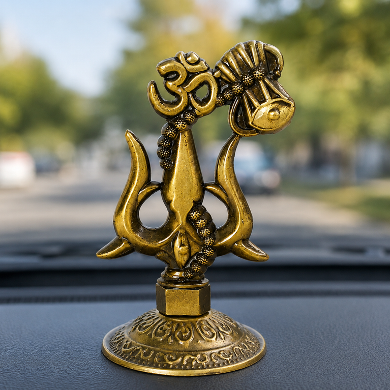 Premium Metal Shiv Trishul with Damroo, Copper, 3 Inches for Car Dashboard