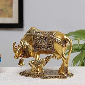 Blessing Decor Brass Kamdhenu Eleganze Cow with Calf | High Quality Brass | Metal Handicraft