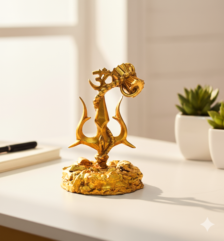 Golden Trishul Damroo Showpiece | Shiva Trishul Damroo | Premium Resin Om Trishul Idol for Car Dashboard, Home Decor & Office Desk | Spiritual Gift Item (7 x 7 x 12 cm)