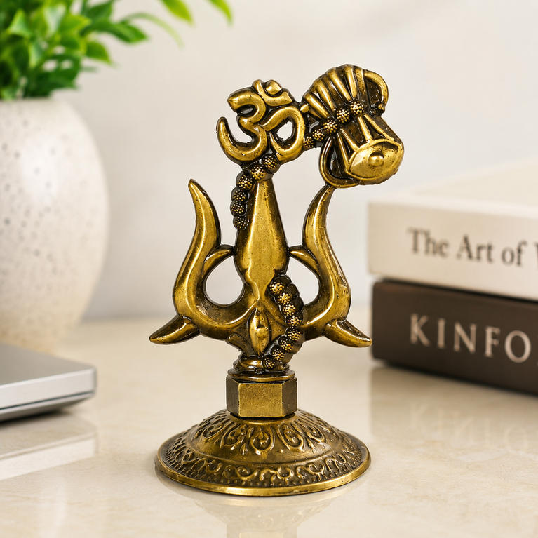 Premium Metal Shiv Trishul with Damroo, Copper, 3 Inches for Car Dashboard