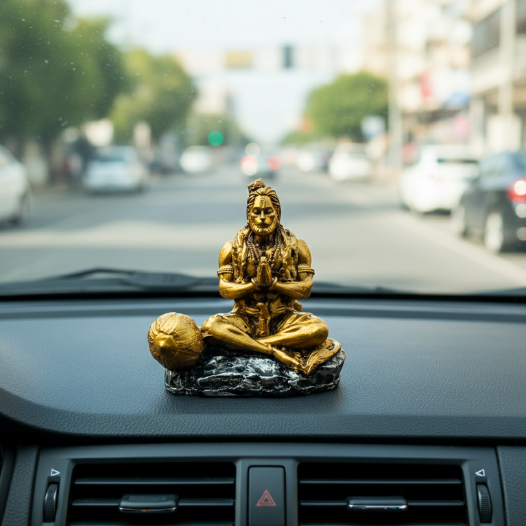 Hanuman Ji Idol for Car Dashboard – Dhyan Pose | Meditation Hanuman Ji | Premium Resin Murti for Home Temple, Office Desk & Gift | 9 x 7 x 9 cm Golden Showpiece | Housewarming