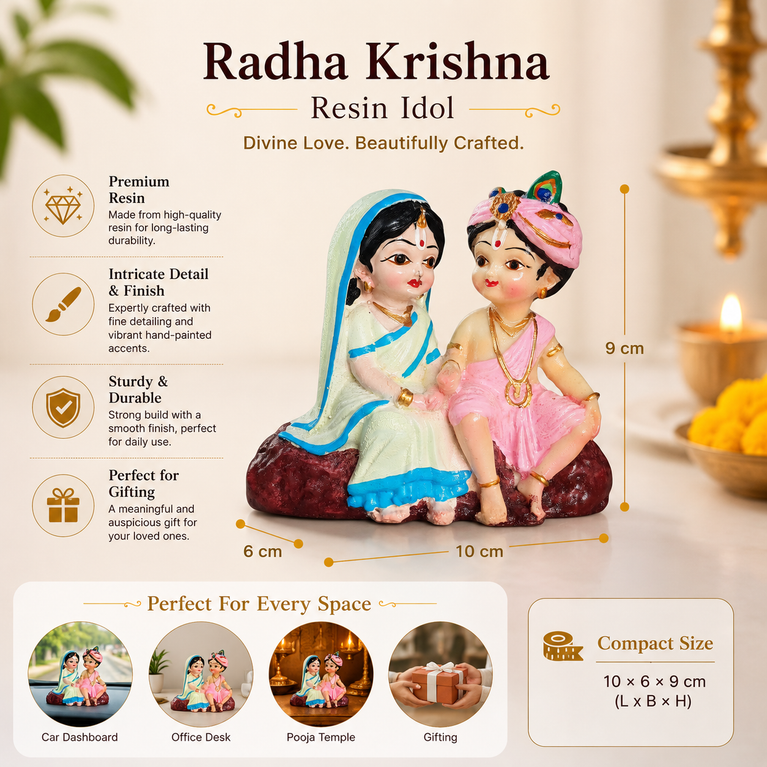 Radha Krishna Resin Idol for Car Dashboard & Home Decor | Handcrafted Mini Murti Showpiece | Spiritual Gift for Diwali, Housewarming & Puja | 10 × 6 × 9 cm