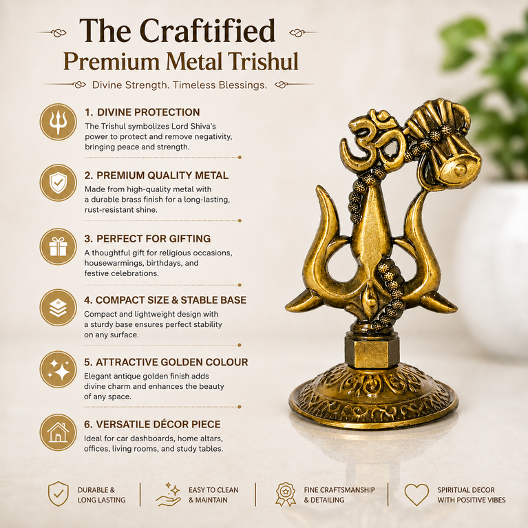 Premium Metal Shiv Trishul with Damroo, Copper, 3 Inches for Car Dashboard
