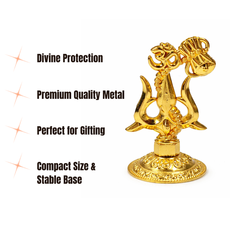Premium Metal Shiv Trishul with Damroo, Copper, 3 Inches for Car Dashboard