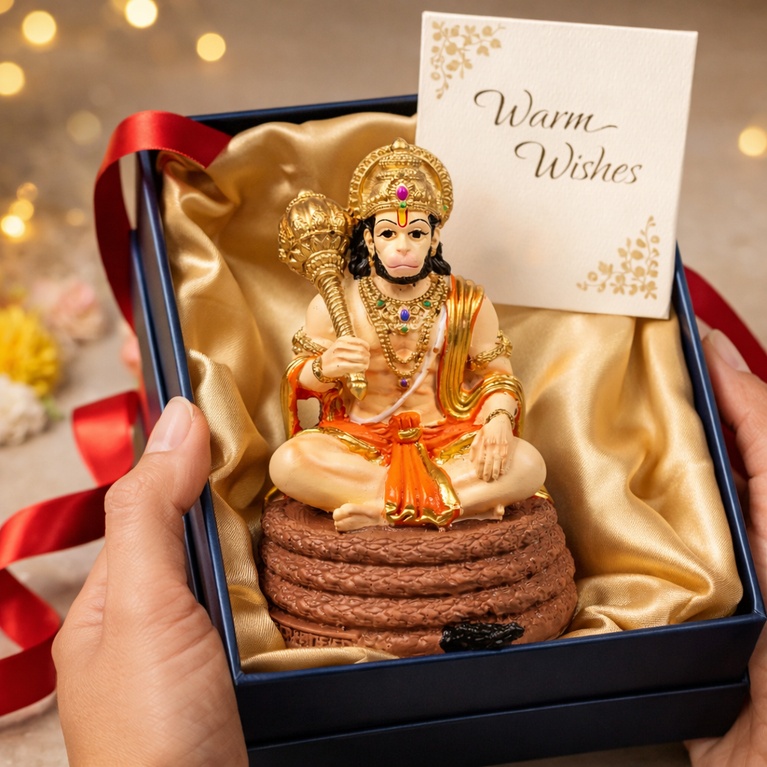 Virajman Hanuman Idol Sitting on Tail | Hanuman Murti for Car Dashboard, Home Temple & Office Decor, Housewarming, Vastu | 3.8 Inches (Antique Gold)