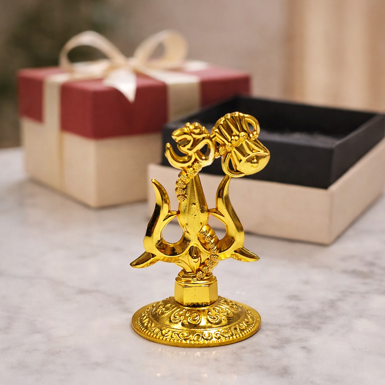 Premium Metal Shiv Trishul with Damroo, Copper, 3 Inches for Car Dashboard