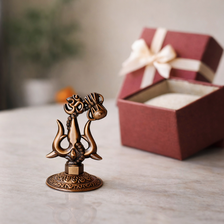 Premium Metal Shiv Trishul with Damroo, Copper, 3 Inches for Car Dashboard
