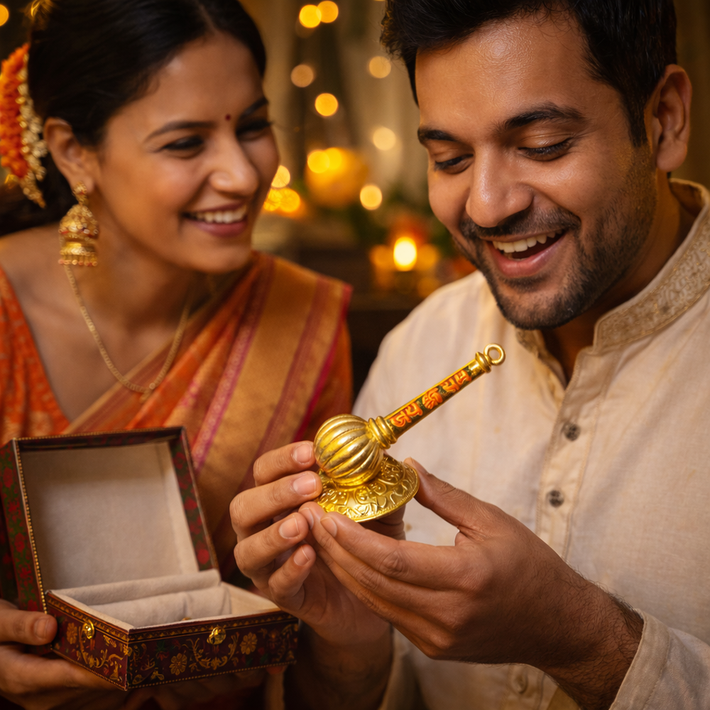 The Craftified Hanuman Gada Golden Metal Showpiece with “Jai Shri Ram” Engraving | Mini Religious Idol for Home Mandir, Office Desk & Car Dashboard | Spiritual Gift (8×4×5 cm)