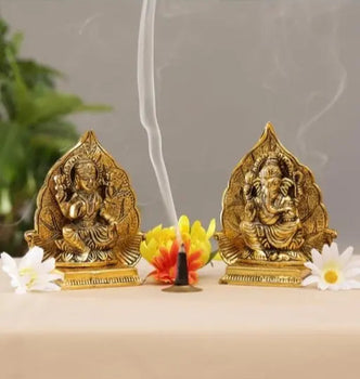 Ascension Laxmi Ganesh Set Idol on Leaf Singhasan Statue For Home Decor | Metal Handicrafts | Brass | God Idol | Pooja Item