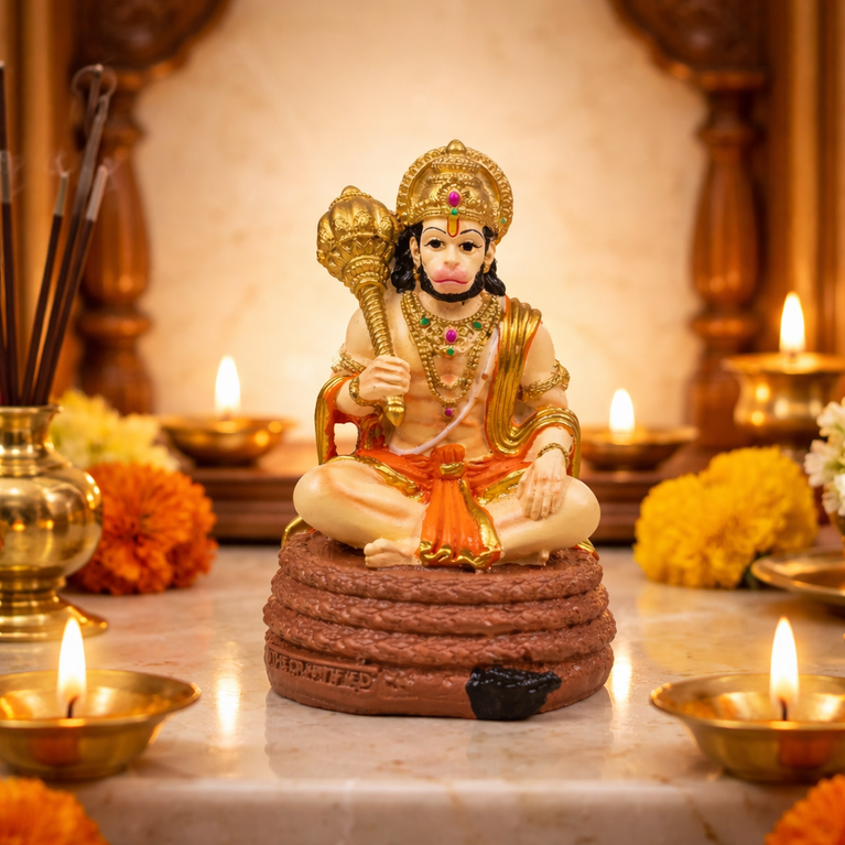 Virajman Hanuman Idol Sitting on Tail | Hanuman Murti for Car Dashboard, Home Temple & Office Decor, Housewarming, Vastu | 3.8 Inches (Antique Gold)