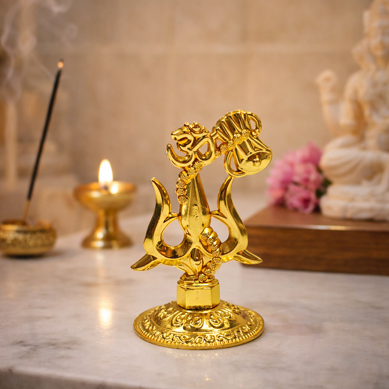 Premium Metal Shiv Trishul with Damroo, Copper, 3 Inches for Car Dashboard