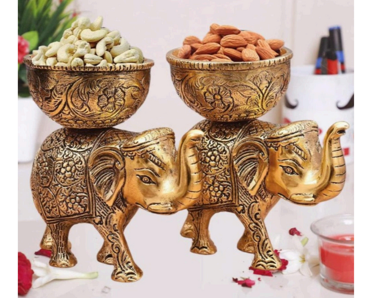 Brass Metal Elephant Top Dryfruit Bowl | Brass | Metal Handicraft | Urli | Dry Fruits Holder