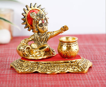 Gold-Toned & Red Baby Krishna Idol Makhan Chor | God Idol | Brass
