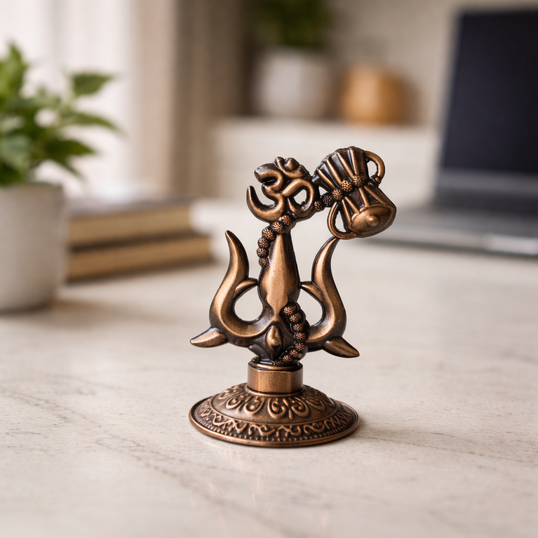 Premium Metal Shiv Trishul with Damroo, Copper, 3 Inches for Car Dashboard
