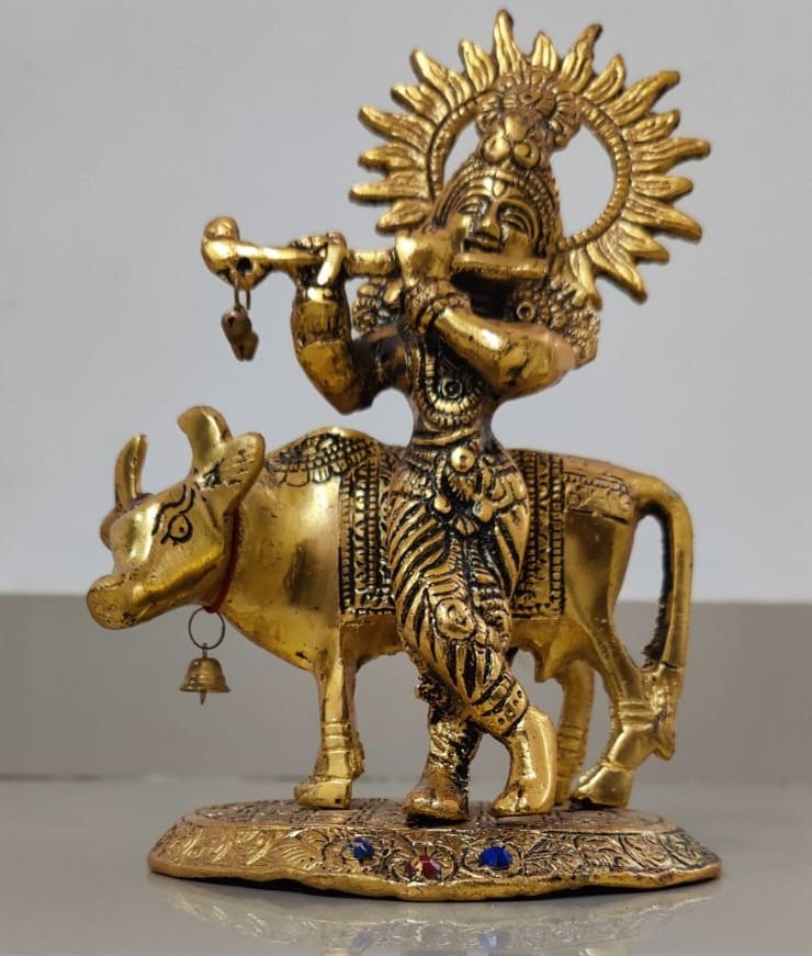 Lord Krishna With Cow Playing Flute | God Idol | Brass | Pooja