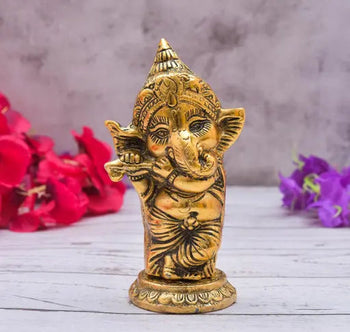 Metal Lord Baby Ganesha Idol With Flute | Murli Ganesha | Metal Handicrafts | God Idol