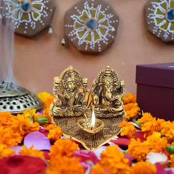 Peepal Patta Laxmi Ganesh With Diya | God Idol | Metal Handicraft | Brass