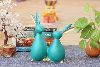 Teal Blue Resin Rabbit Couple – A Playful & Serene Charm | Home Decor | Polyresin