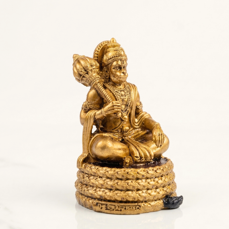 Virajman Hanuman Idol Sitting on Tail | Hanuman Murti for Car Dashboard, Home Temple & Office Decor, Housewarming, Vastu | 3.8 Inches (Antique Gold)