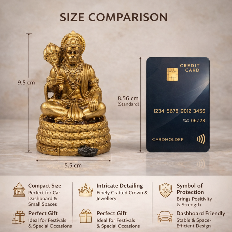 Virajman Hanuman Idol Sitting on Tail | Hanuman Murti for Car Dashboard, Home Temple & Office Decor, Housewarming, Vastu | 3.8 Inches (Antique Gold)