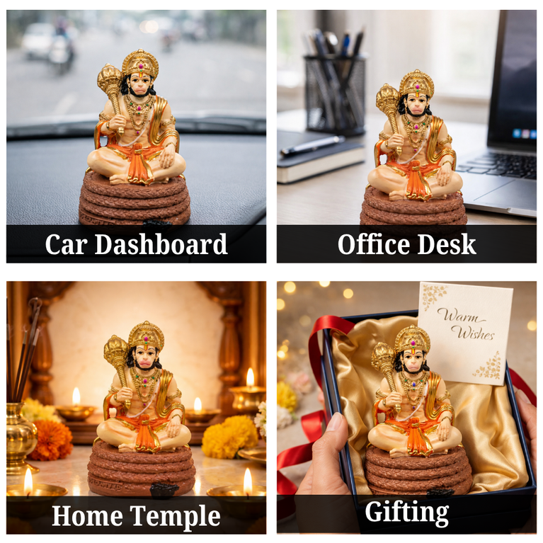 Virajman Hanuman Idol Sitting on Tail | Hanuman Murti for Car Dashboard, Home Temple & Office Decor, Housewarming, Vastu | 3.8 Inches (Antique Gold)