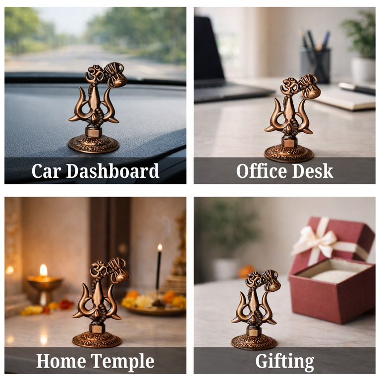 Premium Metal Shiv Trishul with Damroo, Copper, 3 Inches for Car Dashboard