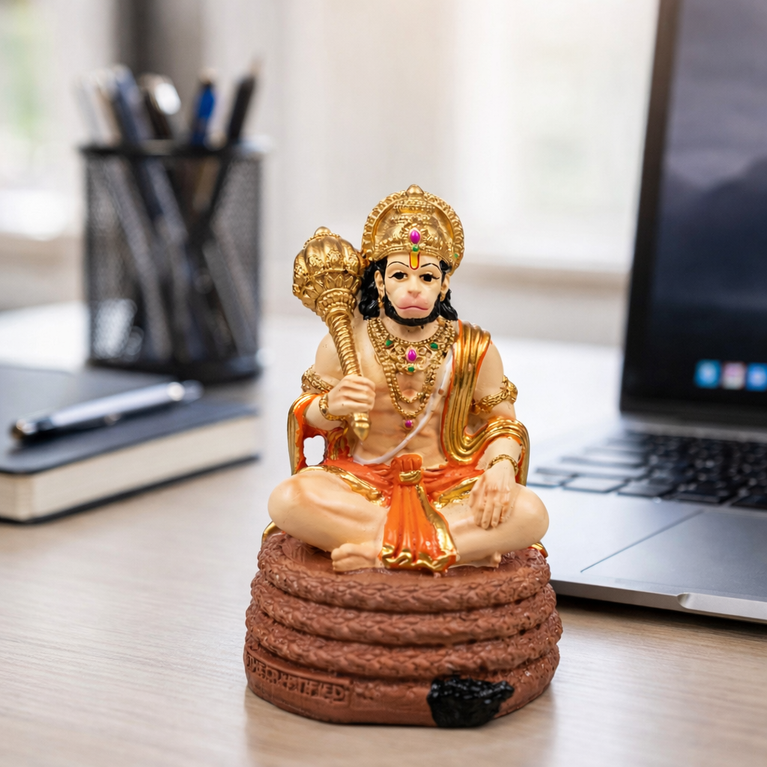 Virajman Hanuman Idol Sitting on Tail | Hanuman Murti for Car Dashboard, Home Temple & Office Decor, Housewarming, Vastu | 3.8 Inches (Antique Gold)