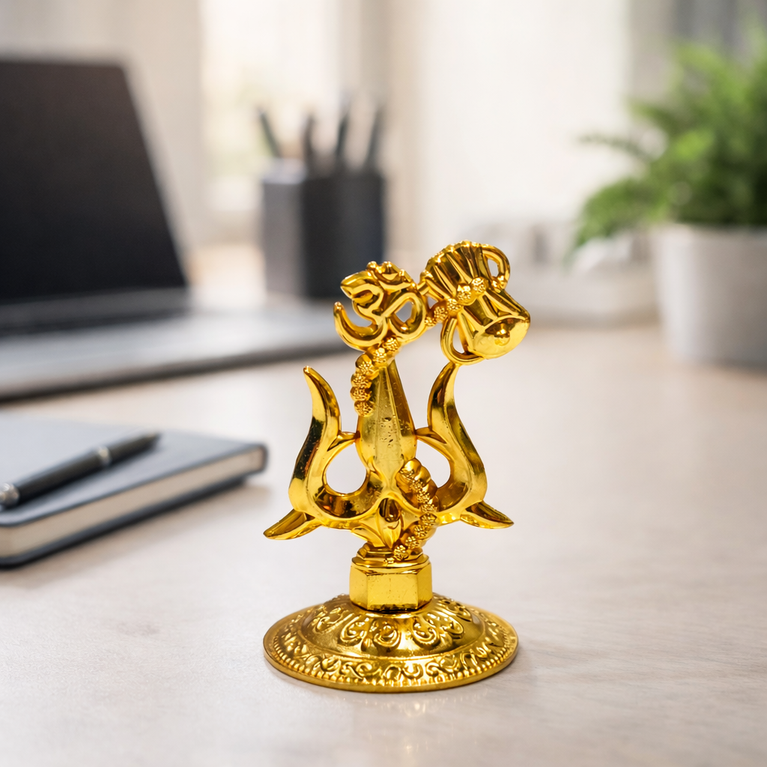 Premium Metal Shiv Trishul with Damroo, Copper, 3 Inches for Car Dashboard