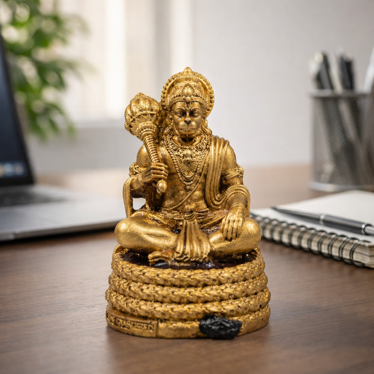 Virajman Hanuman Idol Sitting on Tail | Hanuman Murti for Car Dashboard, Home Temple & Office Decor, Housewarming, Vastu | 3.8 Inches (Antique Gold)