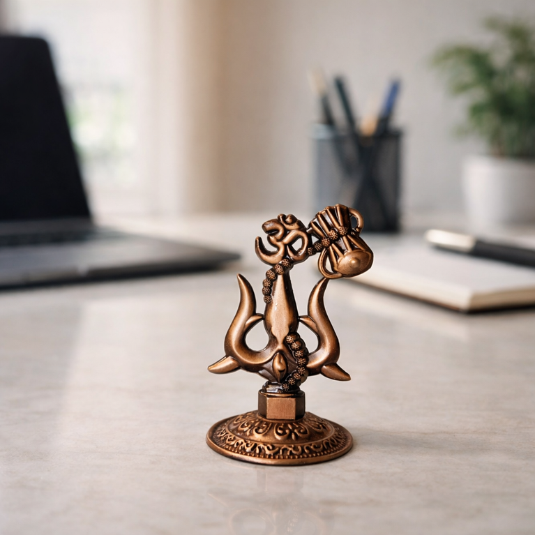 Premium Metal Shiv Trishul with Damroo, Copper, 3 Inches for Car Dashboard